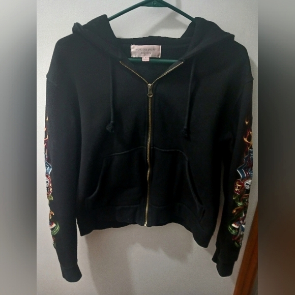 Romeo and Juliet Couture. Zip-up Hoodie. Sz L. Embroidered Patches. BLACK. Rare. - Picture 2 of 7